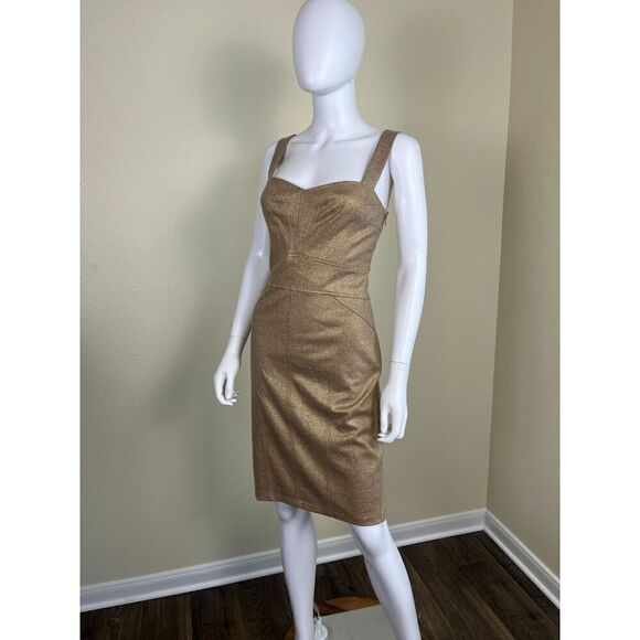 Diane Von Furstenberg Women's Size 8 Gold Matallic Tan Wool Sheath Dress Party - Picture 12 of 14